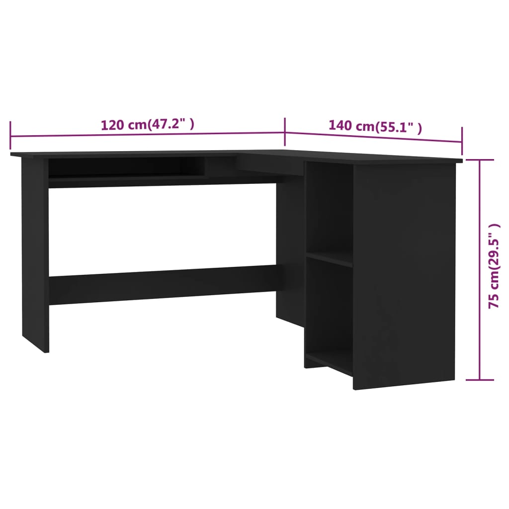 800748 vidaXL L-Shaped Corner Desk Black 120x140x75 cm Chipboard